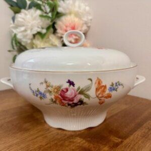 Vintage GDR Floral‎ Porcelain Tureen – East German Covered Serving Dish with Lid